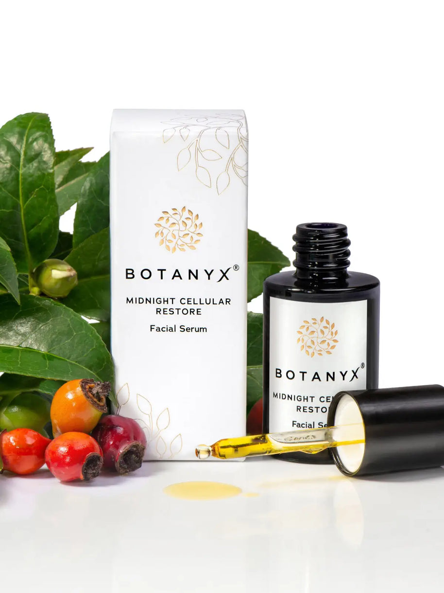 Midnight Cellular Restore Facial Serum showcased in an elegant lifestyle setting, highlighting its luxury nighttime skincare appeal.