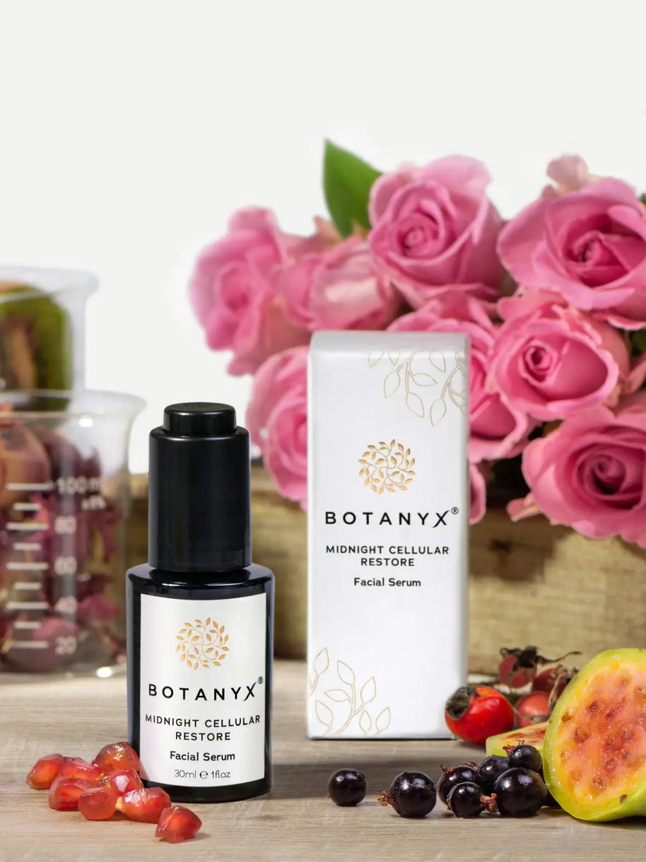 Midnight Cellular Restore Facial Serum with packaging in a serene lifestyle background, emphasizing overnight skin repair and rejuvenation.
