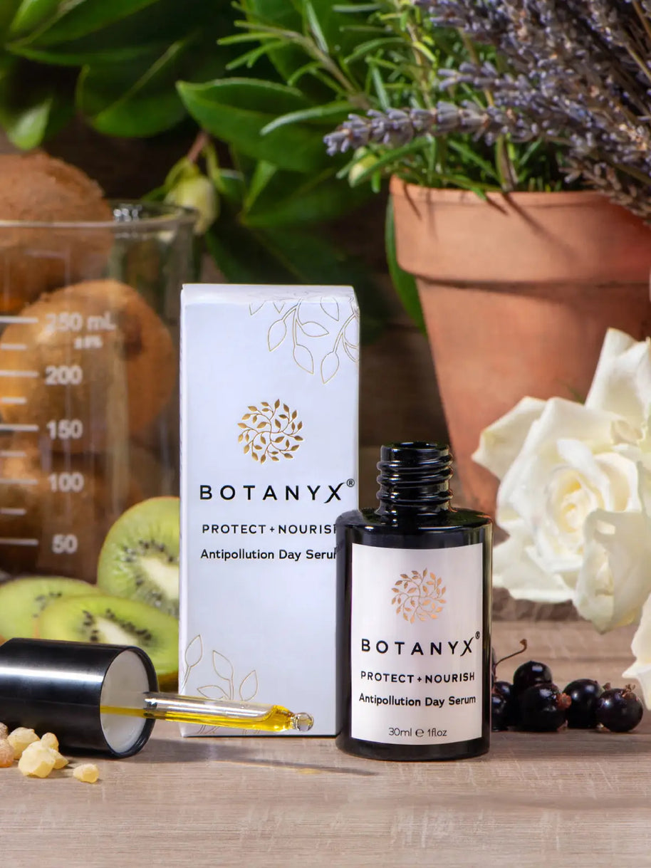 Botanyx skincare serum with packaging on a wooden surface with plants in the background